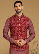 Maroon Nehru Jacket Set With Floral Printed Work